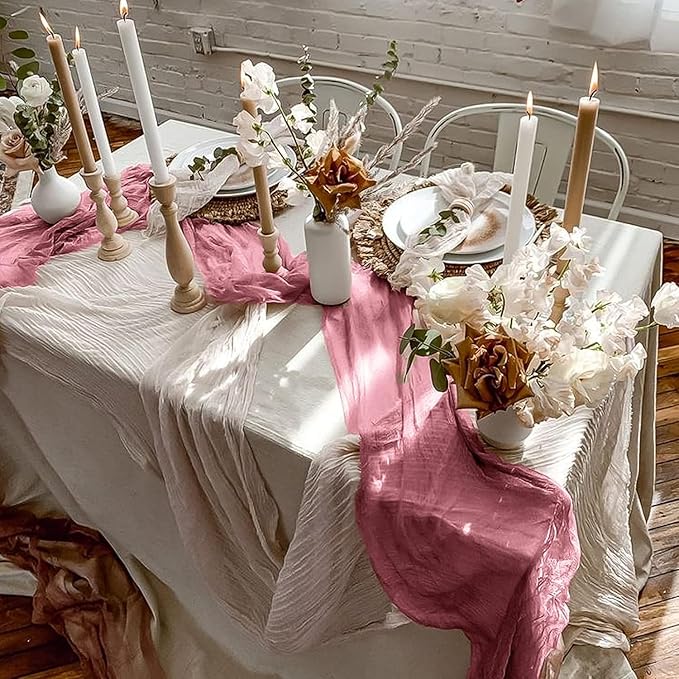 12 Pack Dusty Rose Table Runner, 35x120 Inch Pink Cheesecloth Table Runner with Wrinkle 10ft Long Boho Rustic Gauze Sheer Cheese Cloth for Wedding Party Bridal Baby Shower Table Decor