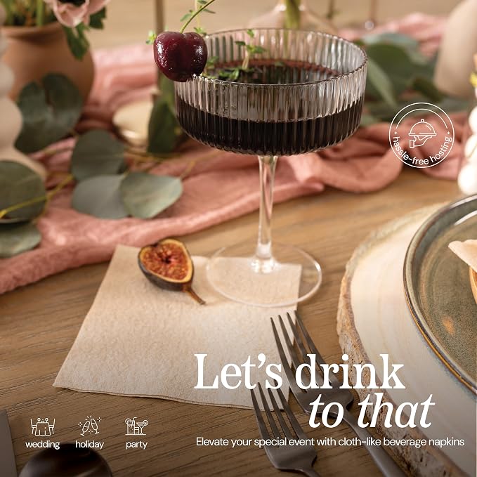 Disposable Cloth-Like Cocktail Napkins, 200 Pack 10" x 10" Linen-Feel Natural Color Recycled Beverage Paper Napkins For Bar, Café, Wedding Or Party