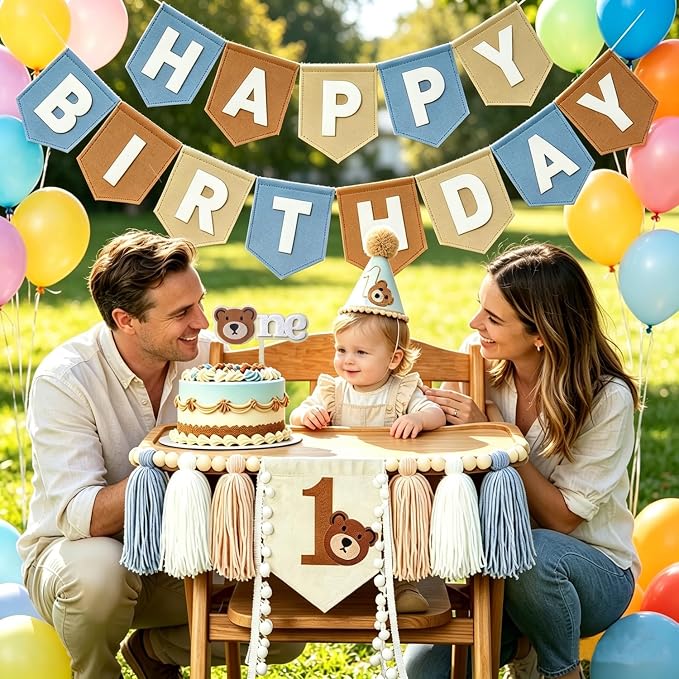Bear 1st Birthday Decorations For Boy Girl Neutral High Chair Banner Set with Birthday Felt Banner Cake Topper Party Hat for baby first birthday