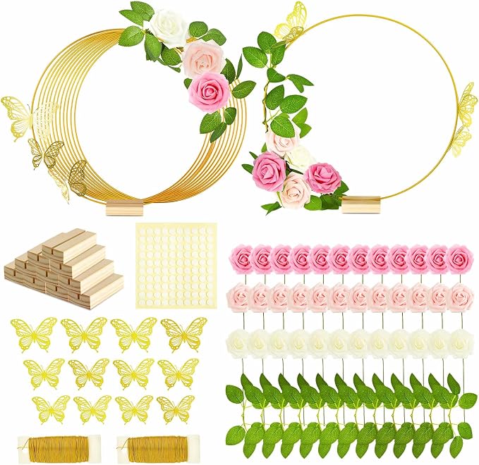 Vercraft 12 Set Butterfly Metal Floral Hoop Table Centerpieces, Metal Ring with 3D Butterfly Decor, PE Foam Flower, Adhesive Dot, Gold Wires for DIY Wedding Party(White, Pink, Pink,Round)