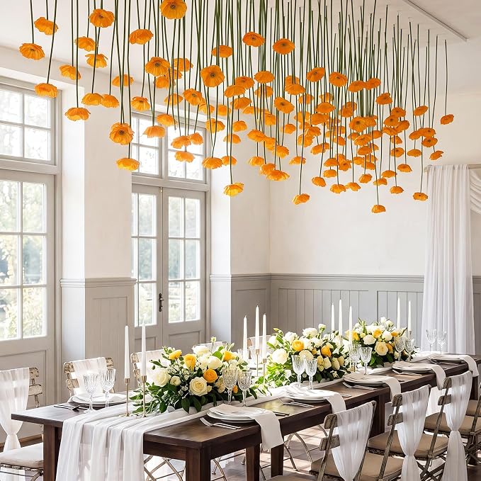 12 Pack 5 ft Artificial Poppy Flowers Hanging Garland Decorations Orange Poppy from Ceiling Dangling Faux Floral Vine Strings with Hook for Wall Ceiling Wedding Home Decor