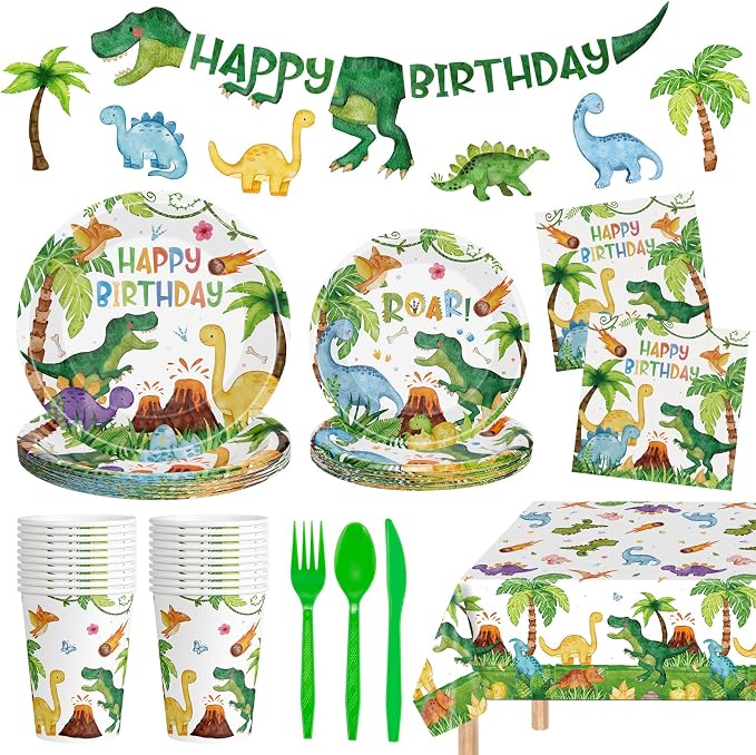 170 Pcs Dinosaur Birthday Decorations - Jungle Dino Party Supplies Sets, Includes Happy Birthday Dinner Plates Napkins, Flatware, Banners and Cups for Dinosaur Party Decorations Favors, Serves 24