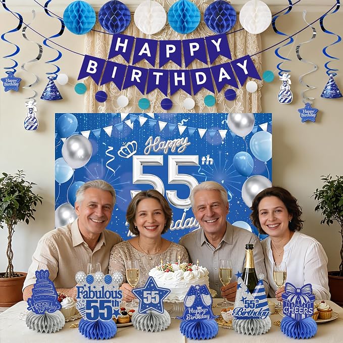 Happy 55th Birthday Party Decoration: Including Birthday Banner Backdrop, Party Table Centerpieces and Hanging Swirl Party Streamers, Birthday Decor for Men and Women (Blue, 55th Birthday)