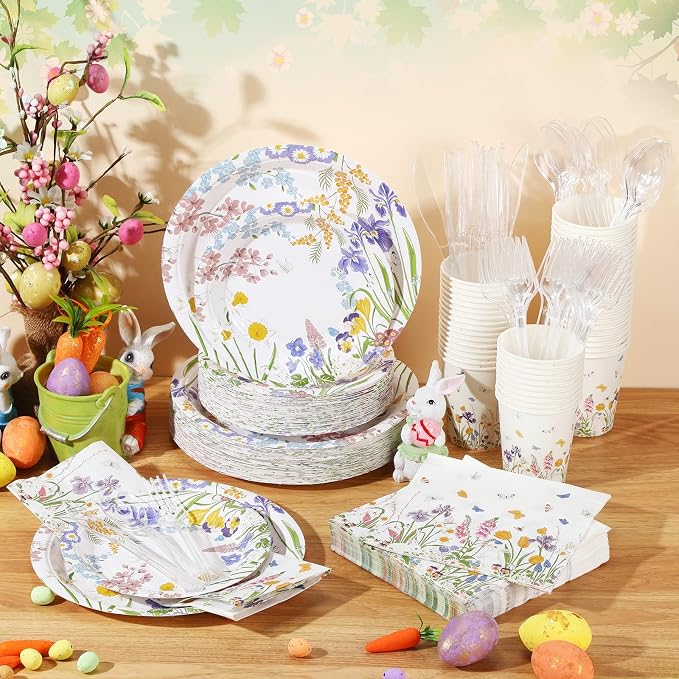 FillTouch 350 Pcs Wildflower Baby Shower Party Supplies Set Floral Bloom Disposable Paper Plates Flower Napkins Cups Knives Forks Spoons for 50 Guests Spring Summer Tea Party Birthday
