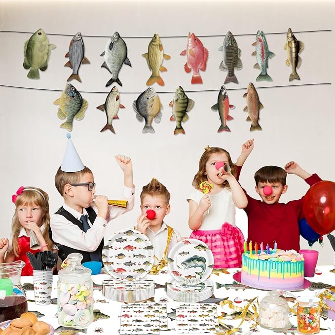 170PCS Fishing Birthday Party Decorations Gone Fishing Party Decorations Include Plates, Cups, Cutlery, Banner, Tablecloth for Ofishally One Birthday Decorations