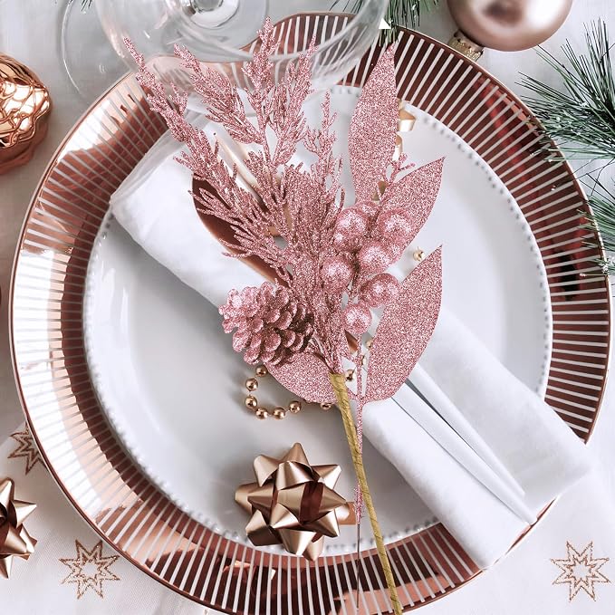 Winlyn 35 Pcs Christmas Artificial Poinsettia Flowers Picks and Artificial Leaves Sprays Rose Gold Glitter Christmas Floral Picks for Rose Gold Christmas Tree Wedding Holiday Decor Centerpiece Wreath