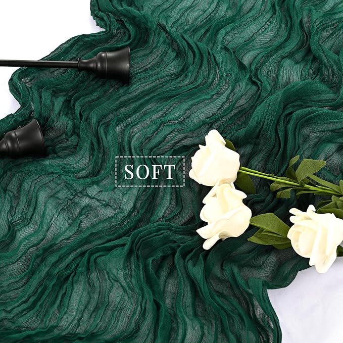 12 Pcs 10FT Emerald Green Cheesecloth Table Runner Gauze Fabric 35 x 120 Inches Long Boho Cheese Cloth Table Runner Rustic Semi Sheer Runner for Wedding Birthday Bridal Shower Party (Emerald Green)