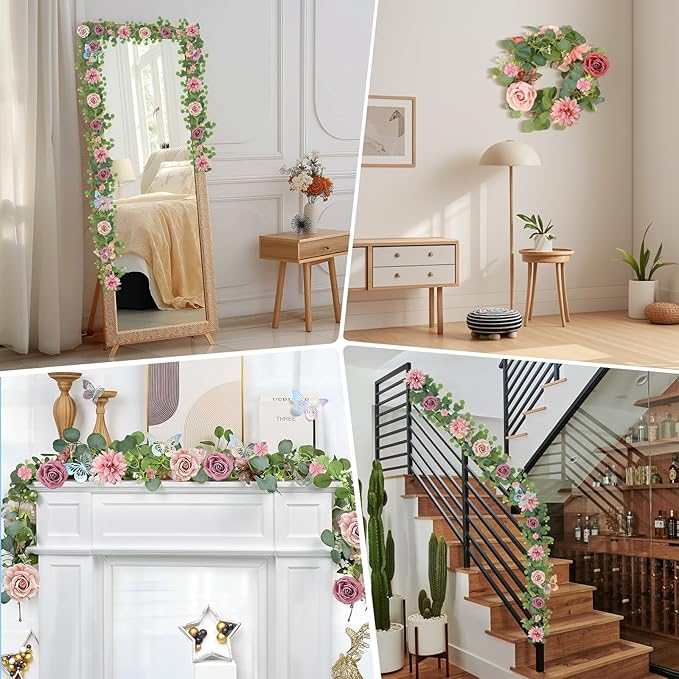 4 Pack 5.9 FT Artificial Flower Garland with Butterflies Fake Rose Garland Faux Greenery Eucalyptus Garlands for Wedding Table Backdrop Arch Centerpieces Decorations - DarkPink
