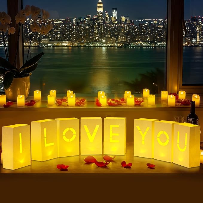 I Love You Light Up Letters - Luminary Paper Bags to be Used as Anniversary Decorations and Valentines' Day Decorations for Your Loved One