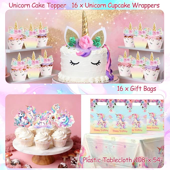 191 Pc Unicorn Birthday Decorations for Girls – Complete Unicorn Party Decorations Supplies Kit with Backdrop, Banner, Plates, Napkins, Balloons, Headband, Tablecloth – Rainbow Party For Kids