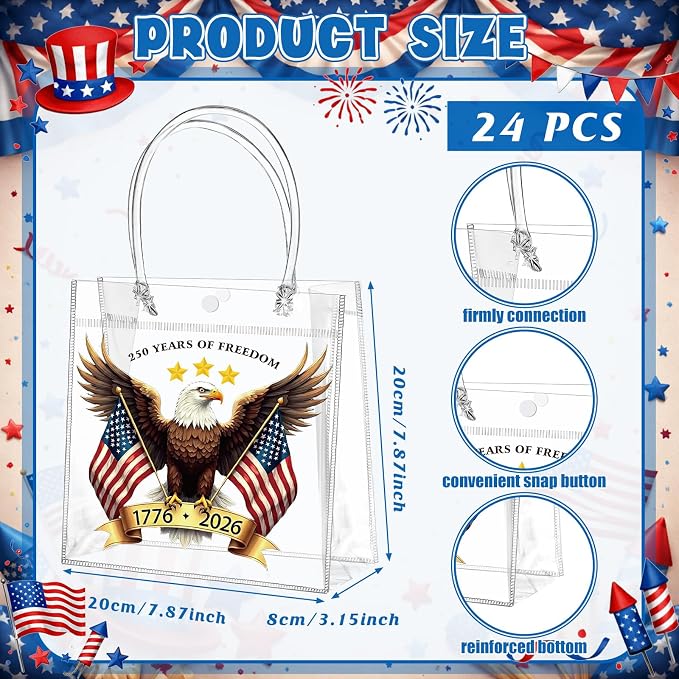 Teenyyou 24 Pcs 250th Anniversary Clear Gift Bags with Handles 4th of July Patriotic USA Eagle Transparent Tote Bags Memorial Day Goodie Candy Treat Gift Container for Independence Day Party Supplies