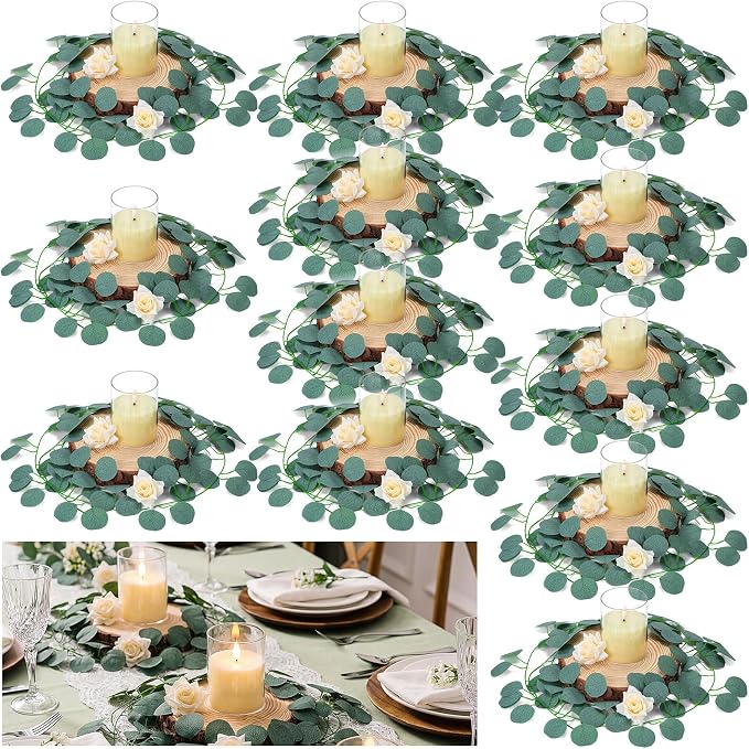 VIHOSE 60 Pcs Wooden Wedding Candle Centerpiece Includes 6.3"-7.1" Round Wood Slices, Eucalyptus Garlands, Flameless LED Candles and Artificial Roses for Wedding Country Farmhouse Table Decor, 12 Sets
