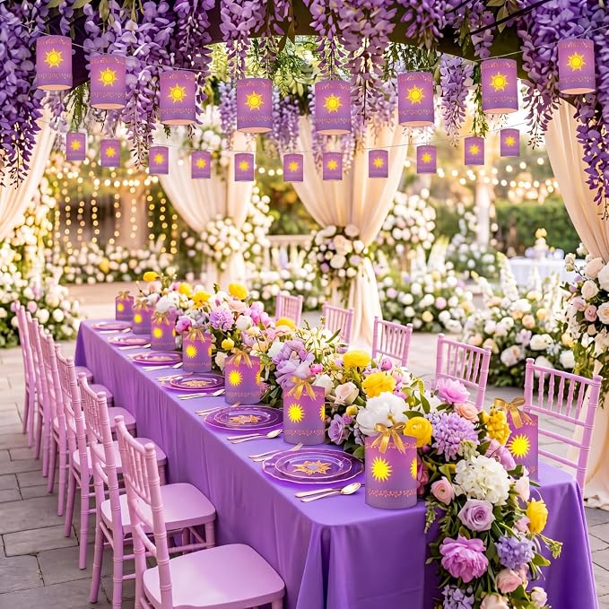 Beeveer 20 Pack Princess Sun Hanging Lanterns DIY Set Purple Princess Hanging Paper Lanterns Purple Sun Cutout Square Round Decorations for Birthday Party, Light String Not Included(Vivid Color)