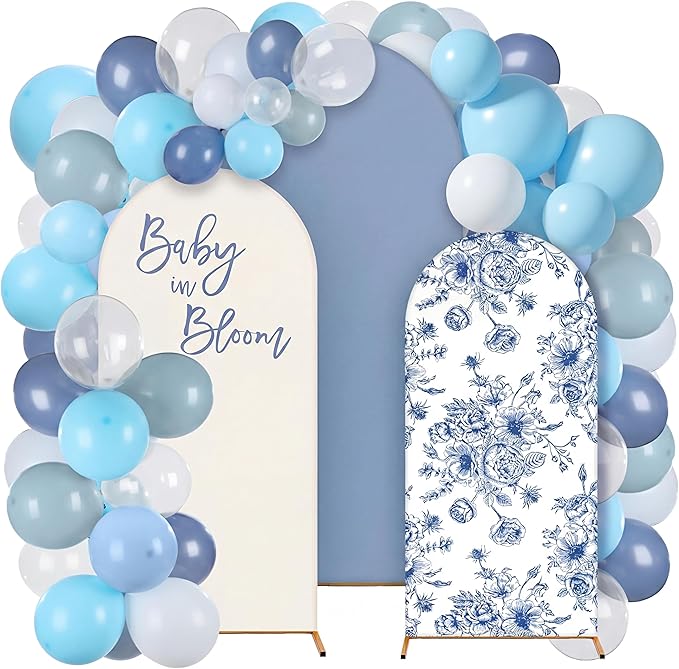 Foilswirl Baby in Bloom Balloon Arch Kit 34 Pcs Blue Baby Shower Party Decorations 4ft 5ft 6ft Blue and White Floral Spandex Arch Backdrop Cover with Balloons for Shower Decor