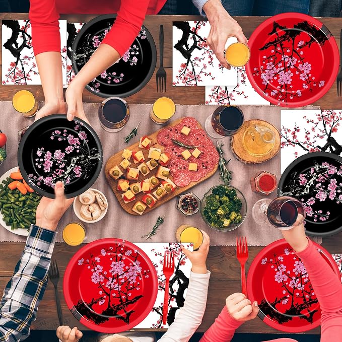 96Pcs Hibachi Party Decorations Chinese Japanese Cherry Blossom Tableware Sets Cherry Flowers Party Plates and Napkins for Hibachi New Year Spring Festival Wedding Supplies for 24 Guests