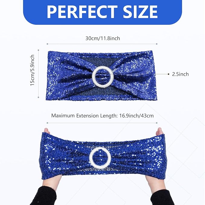 SquarePie Pack of 50 Sequin Chair Sashes Bands Glitter Navy Blue Double-Sided Sequins Stretch Chair Cover Bows with Buckle Slider for Wedding Party Fiesta Banquet Decor