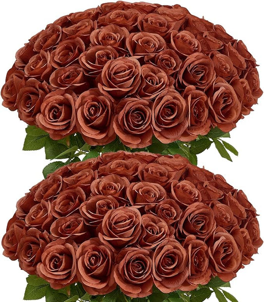 60 PCS Fake Burnt Orange Roses, Artificial Burgundy Flowers Bulk Realistic Silk Faux Rose with Stems for Wedding Decoration Anniversary Bridal Bouquet DIY Floral Arrangement Romantic Home Decor Gifts