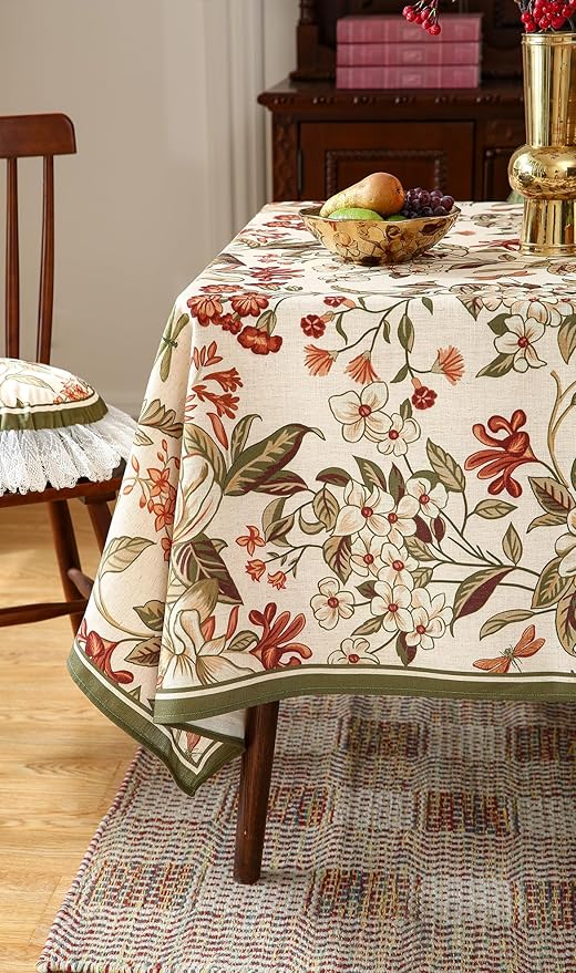 ISAENNE Designer Vintage Linen Rectangular Tablecloth,118"x67"-Grace A | French Elegant Printed Long Table Cloth for Rectangle Table,Floral Pattern,Heavyweight,Dining Room,Kitchen,Thanksgiving