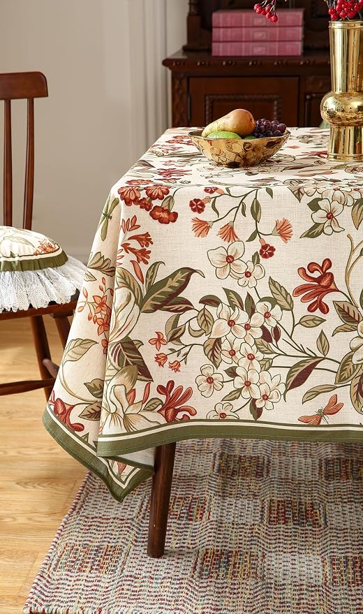 ISAENNE Designer Vintage Linen Rectangular Tablecloth,102"x63"-Grace A | French Elegant Printed Table Cloth for Rectangle Table,Floral Pattern,Decor,Heavyweight,Dining Room,Kitchen,Thanksgiving