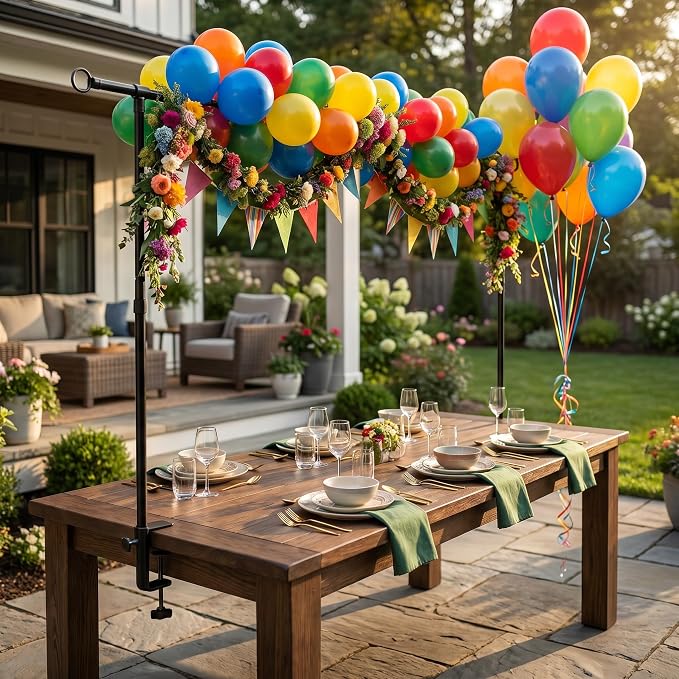 Over the Table Rod Stand with Clamps, 100PCS Rainbow Balloons & Flower Arch Kit (27.5"-48" Tall, 47"-98" Length), Black Table Arch Frame Hanging Party Decor for Wedding Birthday Home Party Decoration