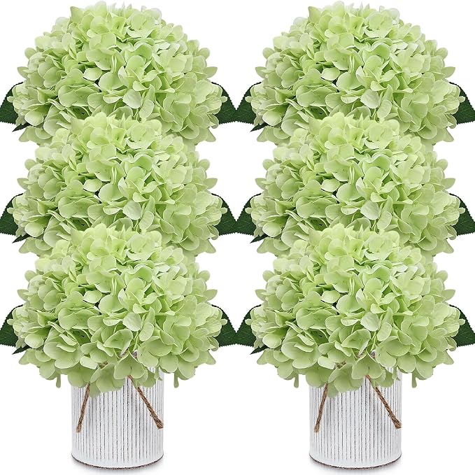 Set of 6 Artificial Flower Table Centerpieces - Light Green Fake Hydrangeas Floral Arrangement with Rustic Metal Vase for Baby Bridal Shower Birthday Party Event Decorations