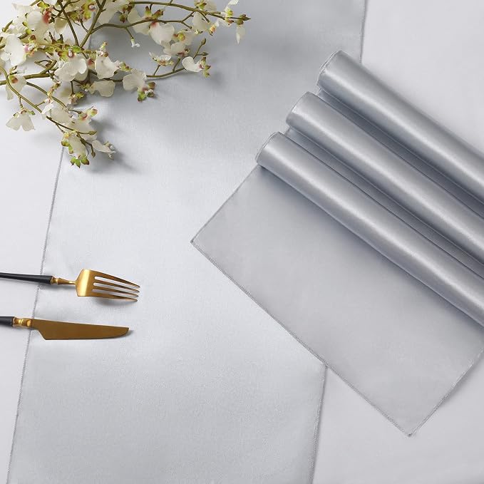 Horbaunal 2 Pack Silver Satin Table Runner 12 x 108 Inch, Smooth Table Runners for Wedding Banquets Birthday Party