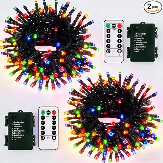 echosari 2 Pack Christmas String Lights Battery Operated, 32ft Green Wire 100 LED Fairy String Light with Remote Timer 8 Modes Dimmable for Indoor Outdoor Xmas Tree Party Decor (Multicolor)