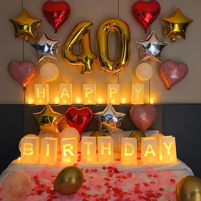 Happy Birthday Decorations Light Up Letters with Flameless Tealights, 0-9 Number Balloon, Latex Balloons, Aluminum Balloons and Rose Petals Birthday Decorations for Women and Men