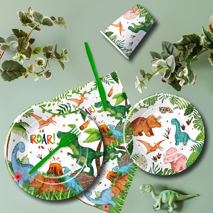 Srua Don Dinosaur Birthday Party Supplies Boy - Dino Dinosaur Birthday Decorations Tableware, Paper Plate, Cup, Napkin, Tablecloth, Disposable Cutlery, Banner, Serves 24