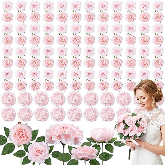 Suncalla 120 Pcs Assorted Artificial Flower Head Fake Leaf Combo with Long Stem, Mix Silk Faux Hydrangea Peony Rose for Wedding Centerpiece Bridal Bouquet DIY Craft Baby Shower Party Decor(Pink)