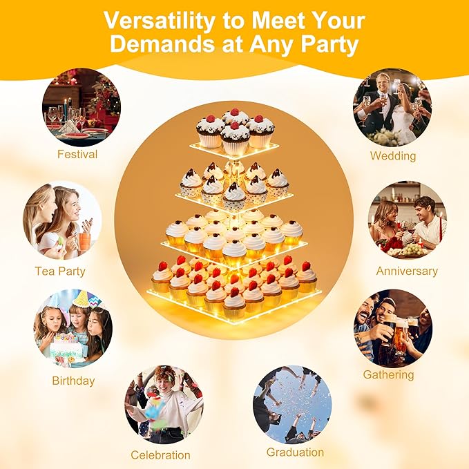 YestBuy Cupcake Stand with Yellow LED Lights, 4 Tier Cupcake Stand for 50 Cupcakes, Acrylic Cupcake Tower Stand, Clear Tiered Cupcake Holder for Birthday Candy Bar Décor Weddings, Parties Events