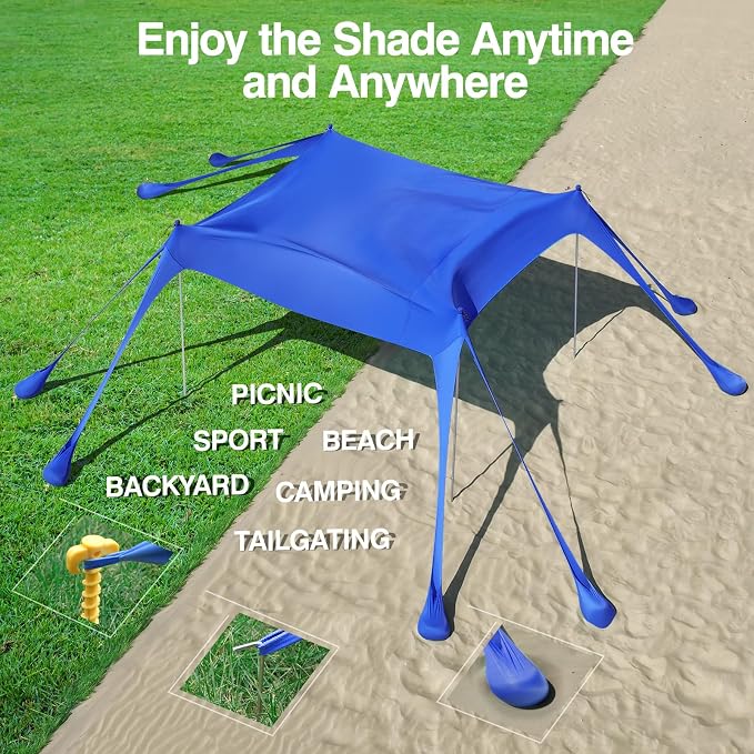 Rhino Valley Beach Tent, 10 x 10 FT Beach Shade UPF50+ Protection, BeachCanopy with 8 Sandbags 4 Stability Poles, Outdoor Beach Tent Sun Shelter Umbrella for Sand, Camping, Fishing Essentials, Indigo