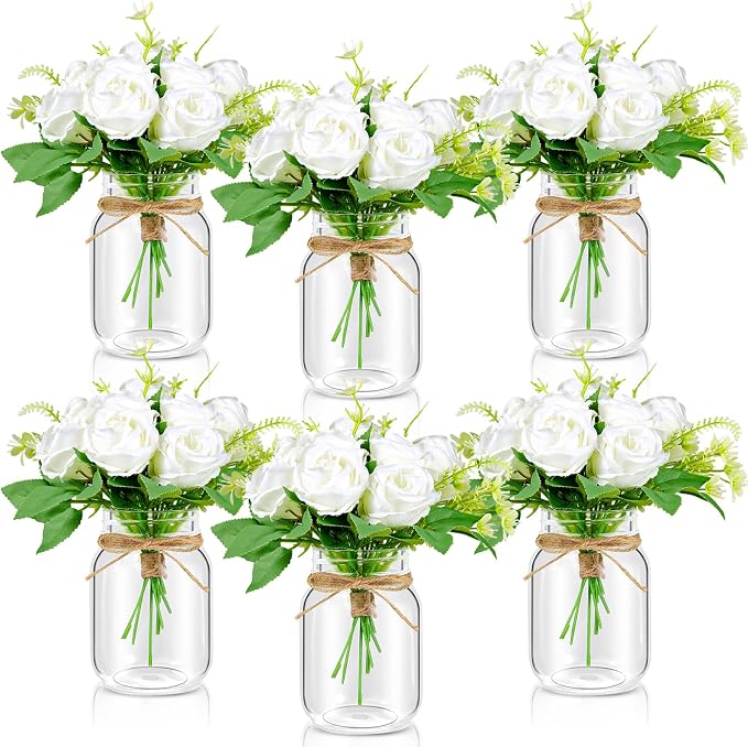6 Set Centerpiece Table Decorations Mason Jar Table Centerpiece with Flower Mason Jar Wedding Centerpieces Vases Decor for Reception Engagement Party Bridal Shower (White Rose)