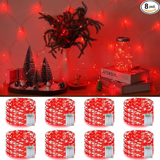 YEGUO Valentine Decor String Lights, 8 Packs Each 16ft 50 LED Fairy Lights Battery Operated, Christmas Lights Indoor for Bedroom Wedding Party Holiday Gift(Red)