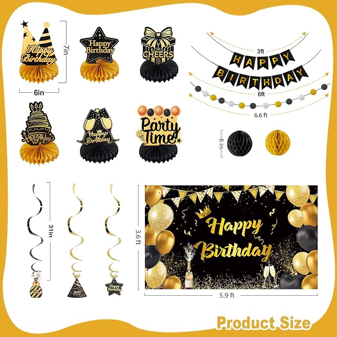 Happy Birthday Party Decoration Set: Including Birthday Banner Backdrop, Party Table Centerpieces and Hanging Swirl Party Streamers, Birthday Decor for Men and Women (Gold/Black, Happy Birthday)