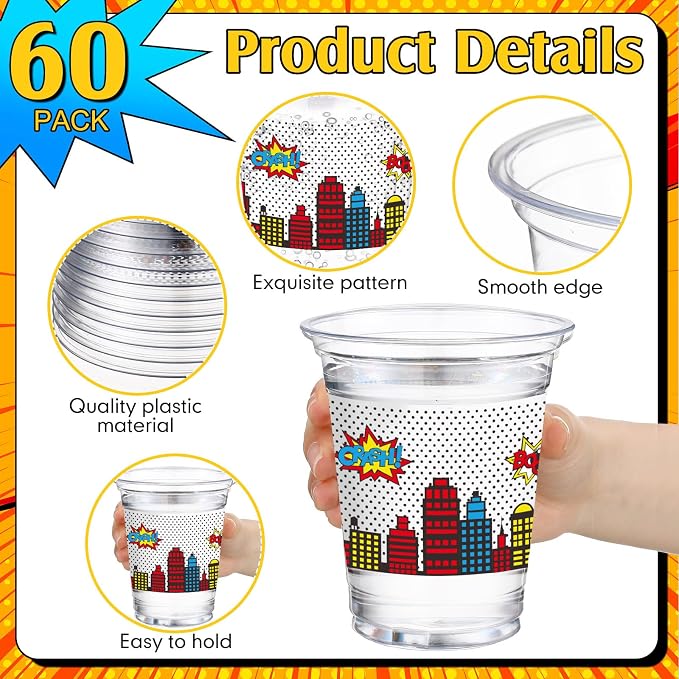 Funnymoom 60 Pack Plastic Hero Cups Comic Hero Birthday Party Decorations 12 oz Boom Pow Crash Zap Disposable Clear Plastic Cups Bulk for Comic Themed Birthday Party Decoration Favor Supplies