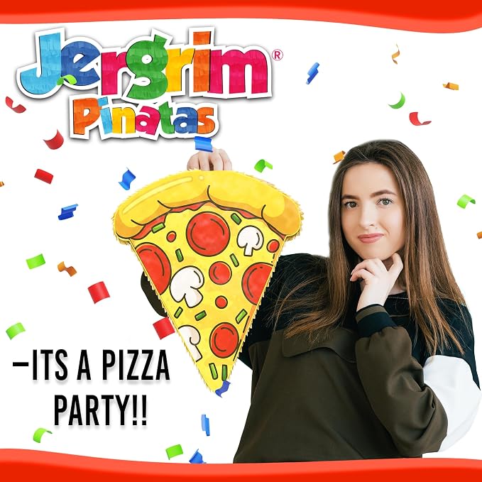 Jergrim Pizza Piñata 4 Piece Set With Stick And Blindfold For Birthday Party Favors Ninja Theme Birthday, School Pizza Party, Small Funny Piñata For Games & Decorations