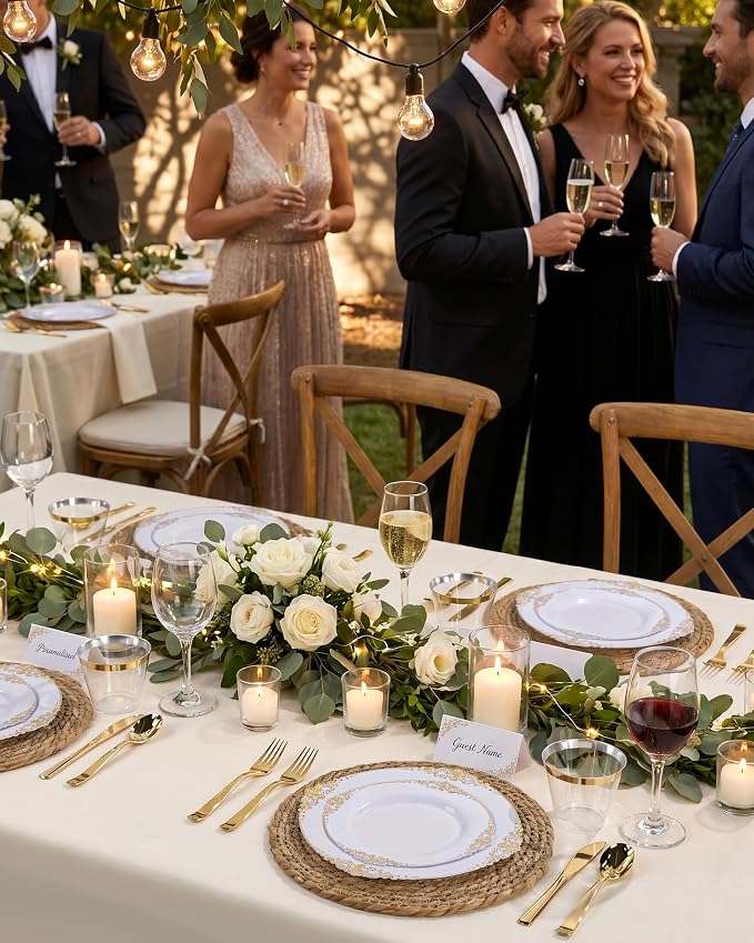 Nervure 600PCS Gold Plastic Dinnerware Set- White and Gold Disposable Plates for 100 Guests - 200 Disposable Plates, 300 Plastic Silverware, 100 Cups Perfect for Wedding & Party