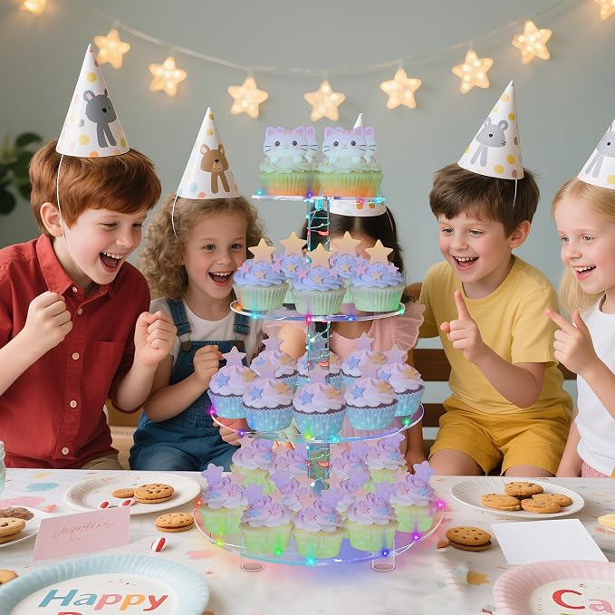 YestBuy 4 Tier Round Cupcake Stand – Premium Cupcake Holder – Acrylic Cupcake Tower Display – Display for Pastry + LED Light String – Ideal for Weddings, Birthday Parties & Events (Multicolored)