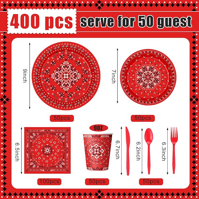 Funnymoom 400 Pcs Western Cowboy Party Supplies for 50 Guests Red Bandana Western Paper Plates and Napkins Knives Spoon Fork Cup Disposable Paisley Farm Dinner Party Set for Baby Shower Birthday