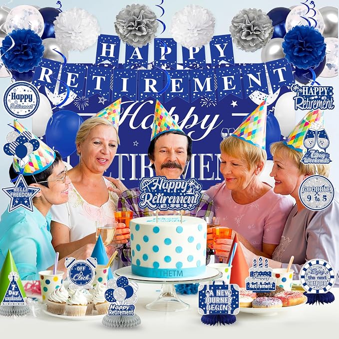 Retirement Party Decorations for Men Women Blue Silver Happy Retirement Banner Backdrop Balloons Paper Pompoms Honeycomb Centerpiece Cake Topper Hanging Swirl Set