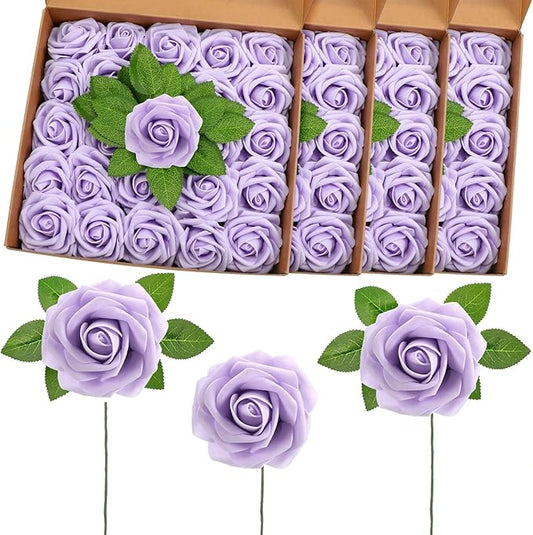 100 Pcs Artificial Foam Rose Flower Faux Bouquet Wedding Fake Rose Gift for Mother's Day Women DIY Bridal Shower Party Table Birthday Home Spring Decor (Lavender)