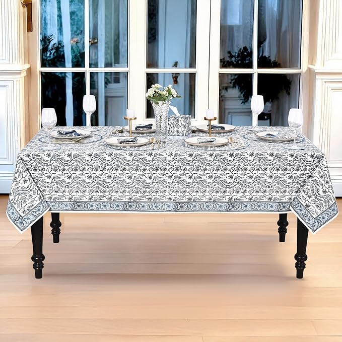 Ridhi Baby Blue Eyes Hand Block Print Cotton Rectangle Tablecloth 108" x 70" inches Reusable Table Cover Decorative Everyday Use for Dining Room, Farmhouse, Home Gift for Spring, Mother's Day