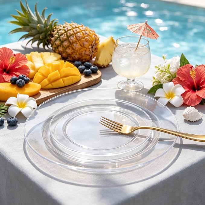FLOWERCAT 60PCS Clear Plastic Plates - Disposable Clear Plates Heavy Duty for Summer Party/Wedding/Birthday- Include 30PCS 10.25inch Dinner Plates and 30PCS 7.5inch Dessert/Salad Plates
