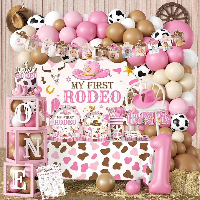 Cocomigo 272 PCS My First Rodeo Decorations Girl, First Rodeo Birthday Decorations Girl Party Supplies with Balloon Garland, Backdrop, Tableware for 25 Guests, High Chair Banner, Balloon Boxes