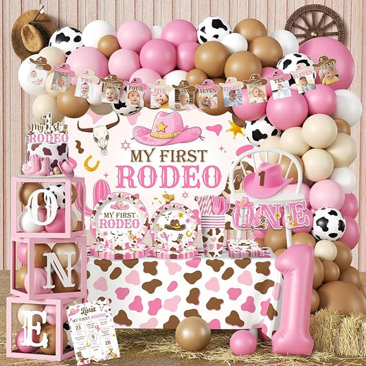Cocomigo 272 PCS My First Rodeo Decorations Girl, First Rodeo Birthday Decorations Girl Party Supplies with Balloon Garland, Backdrop, Tableware for 25 Guests, High Chair Banner, Balloon Boxes