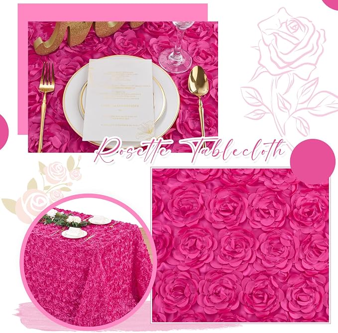 Fanqisi Hot Pink Rosette Tablecloth: 50x102 Inches Wedding Tablecloth - Party Satin 3D Floral Table Cover for Baby Shower Decorations