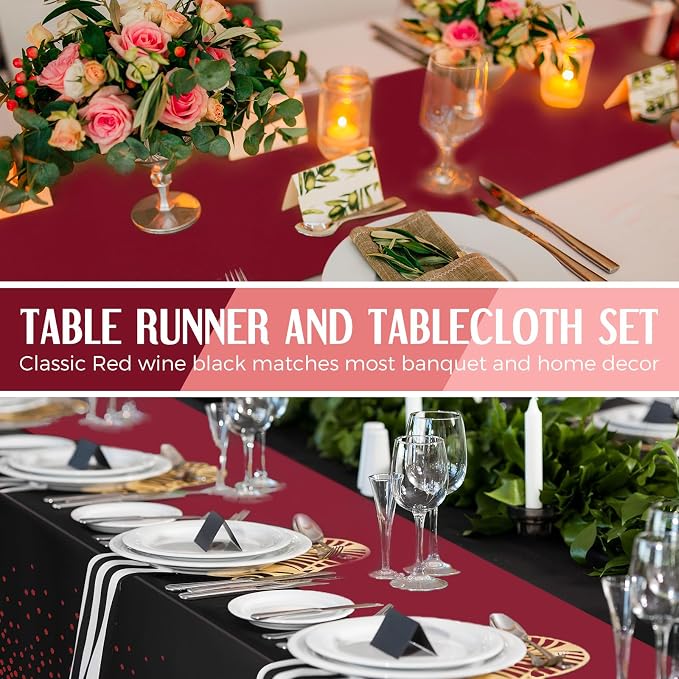Breling 8 Pack Black and Maroon Disposable Plastic Tablecloths and Satin Table Runner Set, 54 x 108 Inch Tablecloth, 12 x 108 Inch Table Runners for Wedding Graduation Birthday Baby Shower