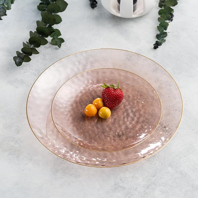 PLASTICPRO 128 Piece Combo Plates Set includes 64-7'' inch Plates & 64-10'' inch Dishes Rose Hammered Plastic PartyPlates Premium heavyweight Elegant, Disposable, Tableware, Dishes,