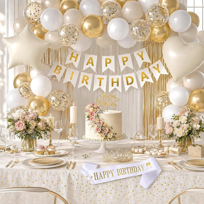 White and Gold Birthday Decorations for Women Girls,Sand White Gold Latex Balloons with Happy Birthday Banner,Fringe Curtain,Cake Topper,Sash and Crown for Birthday Party Supplies